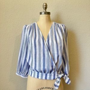 EVERLY Long Sleeve Blue Striped Wrap Top